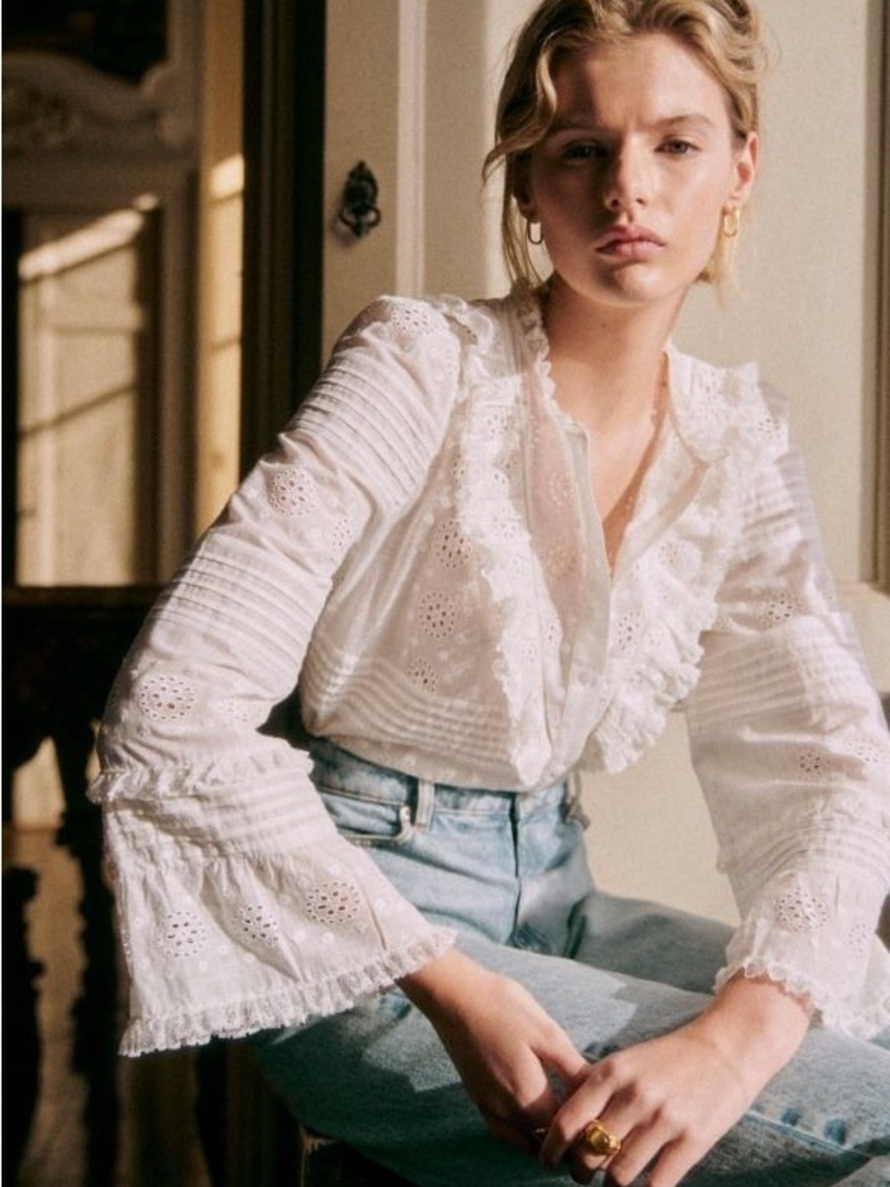 Sezane Nele White Eyelet Ruffle Button-Front Blouse NEW never worn